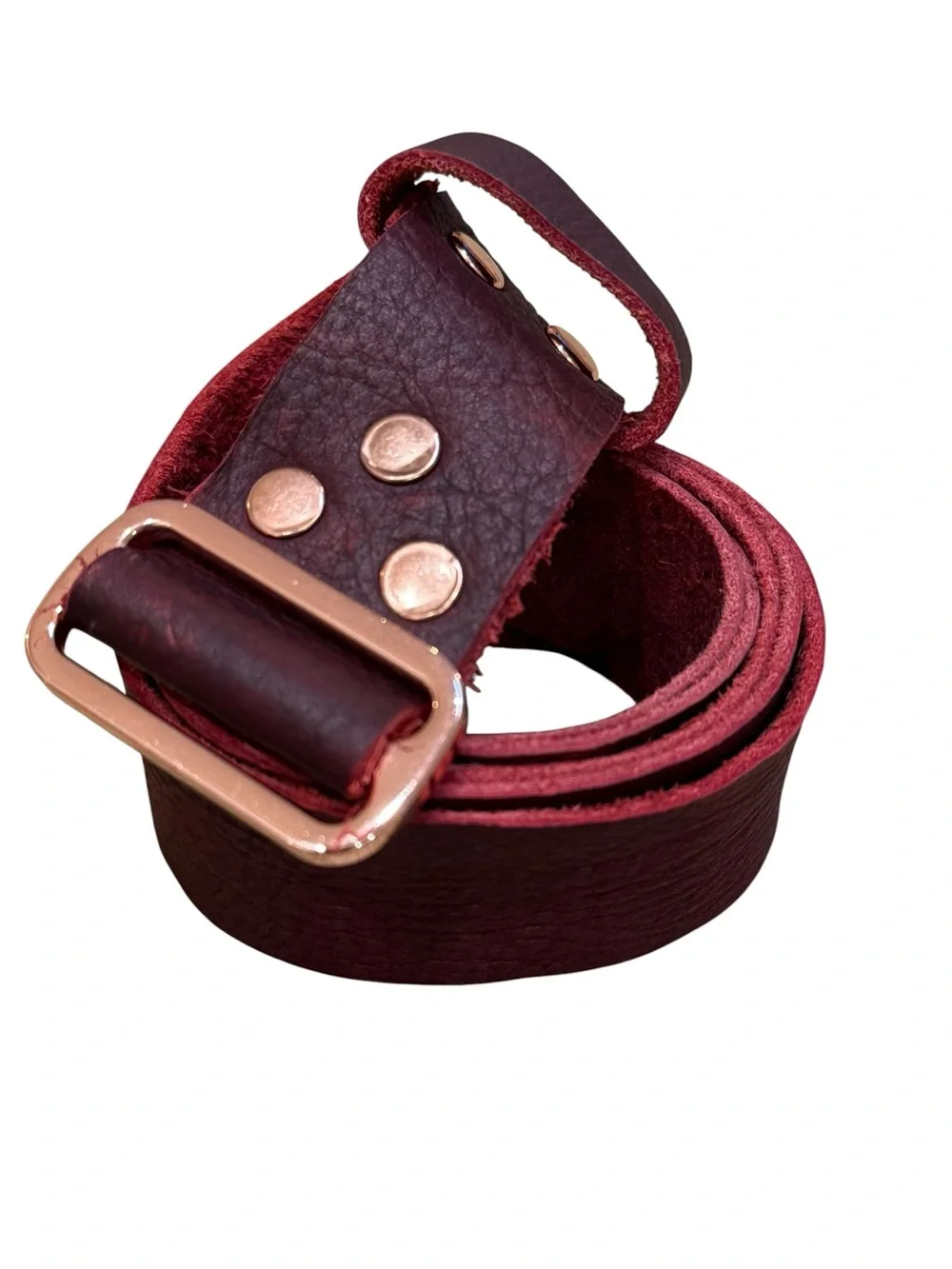Live Edge Leathers Handcrafted Full Grain Leather Belt Burgundy Copper Buckle